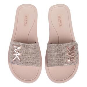 Michael Kors Womens MK Slide Glitter Platform Sandal Flip Flops 8 White Gold NEW